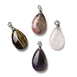 Mixed Stone Natural Mixed Stone Pendants, Teardrop Charms, with Platinum Plated Brass Snap on Bails, Lead Free & Cadmium Free, 28~29x18~18.5x6~7mm, Hole: 3mm