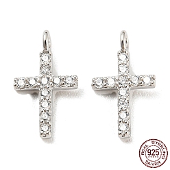 Real Platinum Plated 925 Sterling Silver Micro Pave Cubic Zirconia Charms, Cross, Real Platinum Plated, 10.5x6x3mm, Hole: 1.2mm