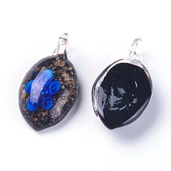 Royal Blue Handmade Lampwork Big Pendants, with Gold Sand, Leaf with Flower, Royal Blue, 40~50x24~28x11~14mm, Hole: 8mm