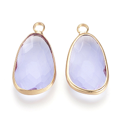 Lilac Glass Pendants, with Brass Findings, Faceted, teardrop, Nickel Free, Unplated, Lilac, 22x12x4mm, Hole: 2mm