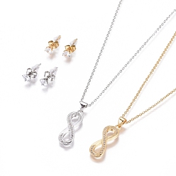 Golden & Stainless Steel Color 304 Stainless Steel Jewelry Sets, Brass Micro Pave Cubic Zirconia Pendant Necklaces and 304 Stainless Stud Earrings, with Plastic Ear Nuts/Earring Back, Infinity, Clear, Golden & Stainless Steel Color, 17.52 inch(44.5cm), 1.5mm, 15x5.5mm, Pin: 0.7mm