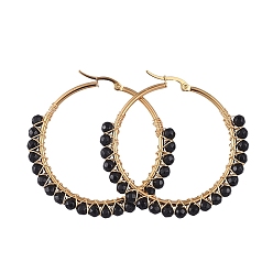 Black Agate Beaded Hoop Earrings, with Natural Black Agate Beads, Golden Plated 304 Stainless Steel Hoop Earrings, 50mm, Pin: 0.6x1mm