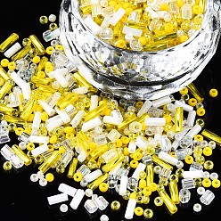 Yellow Glass Seed Beads, Mixed Style, Mixed Shapes, Yellow, 1~7x2~4mm, Hole: 0.7~1mm, about 450g/pound