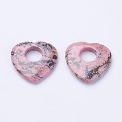 Rhodonite Natural Rhodonite Pendants, Heart, 39~40x40x7mm, Hole: 14.5mm