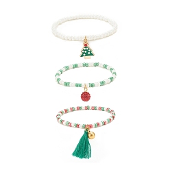 Mixed Color 3Pcs 3 Style Glass Seed Stretch Bracelets Set, Christmas Tree & Bell & Tassel Charm Bracelets for Women, Mixed Color, Inner Diameter: 2-3/8 inch(5.9cm), 1Pc/style