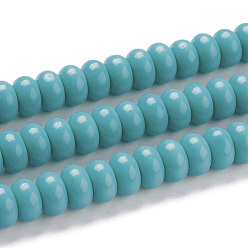 Turquoise K 9 brins de perles de verre, imitation de perles de verre de jade, rondelle, turquoise, 8~8.5x4.5~5mm, Trou: 1.4mm, Environ 84 pcs/chapelet, 15.87 pouce (40.3 cm)