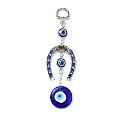Antique Silver Horse Shoe Pendant Decorations, Handmade Lampwork & Alloy Rhinestone & Resin Evil Eye Hanging Ornaments, Turkish Amulet Good Luck Charm, Antique Silver, 140mm, Hole: 13.5x9.5mm 