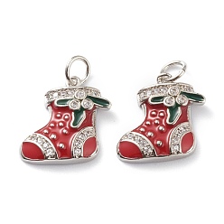 Platinum Brass Micro Pave Clear Cubic Zirconia Pendants, with Red & Green Enamel & Jump Rings, Long-Lasting Plated, For Christmas, Stocking, Platinum, 14.5x15.5x2.5mm, Hole: 3mm, Jump Ring: 5x1mm