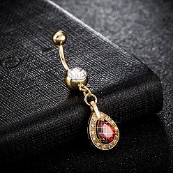 Red Piercing Jewelry, Brass Cubic Zirconia Navel Ring, Belly Rings, with 304 Stainless Steel Bar, Cadmium Free & Lead Free, teardrop, Real 18K Gold Plated, Red, 47x10mm, Bar: 15 Gauge(1.5mm), Bar Length: 3/8"(10mm)