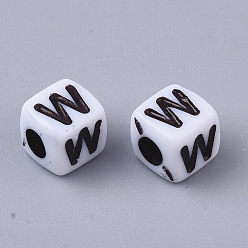 Letter W White Opaque Acrylic Beads, Horizontal Hole, Cube with Black Alphabet, Letter.W, 4~5x4~5x4~5mm, Hole: 1.8mm, about 6470~6500pcs/500g