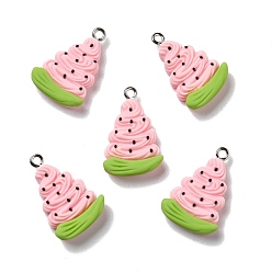 Pink Opaque Resin Pendants, with Platinum Tone Iron Loops, Imitation Food, Watermelon, Pink, 25x16.5x5.5mm, Hole: 2mm