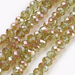 Dark Khaki Electroplate Glass Beads Strands, Opalite, Half Rainbow Plated, Faceted, Rondelle, Dark Khaki, 6x4~5mm, Hole: 0.8~1mm, about 88~92pcs/strand, 15.5 inch~16 inch(39~45cm)