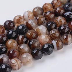 Saddle Brown Natural Striped Agate/Banded Agate Beads Strands, Faceted, Dyed, Round, Saddle Brown, 10mm, Hole: 1.2mm