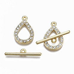 Real 16K Gold Plated Alloy Rhinestone Toggle Clasps, Cadmium Free & Nickel Free & Lead Free, Teardrop, Real 16K Gold Plated, Teardrop: 25.5x16x2.5mm, Hole: 1.5mm, Bar: 29.5x6x2mm, Hole: 2mm