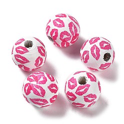 Lip Perles en bois imprimées sur le thème de la Saint-Valentin, ronde, lèvre, 15~16x14.5~15mm, Trou: 3~4mm