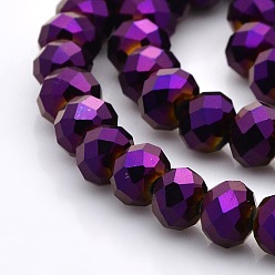 Purple Plated Full Plated Faceted Rondelle Glass Beads Strands, Purple Plated, 8x6mm, Hole: 1mm, about 65pcs/strand, 16 inch