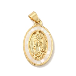 White Brass Charms, with Shell, Cadmium Free & Lead Free, Long-Lasting Plated, Oval with Saint, Real 18K Gold Plated, White, 22.5x14x3.5mm, Hole: 3.5x3mm