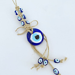 Royal Blue Flat Round with Evil Eye Glass Pendant Decorations, Tassel Hemp Rope Hanging Ornament, Royal Blue, 220mm