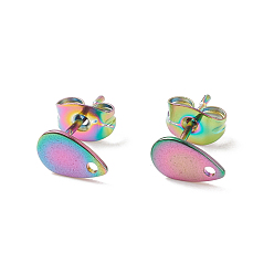 Rainbow Color Ion Plating(IP) 304 Stainless Steel Stud Earring Findings, with Flat Plate, Teardrop, Rainbow Color, 8x5x0.6mm, Hole: 1.2mm, Pin: 0.7mm