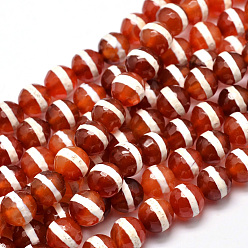 Orange Red Tibetan Style Striped Pattern dZi Beads Strands, Faceted Natural Agate Round Beads, Orange Red, 10mm, Hole: 1mm, about 37pcs/strand, 14.5 inch