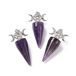 Amethyst Natural Amethyst Pendants, Cone Charms, with Platinum Tone Brass Triple Moon with Star Findings, Cadmium Free & Nickel Free & Lead Free, 47~50x23x14.5~15mm, Hole: 7.5x5mm