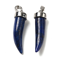 Lapis Lazuli Dyed Natural Lapis Lazuli Pendants, Horn Charms, with Rack Plating Platinum Plated Brass Snap on Bails, 34~36x10mm, Hole: 8x5mm