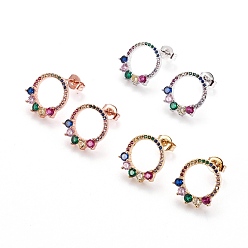 Mixed Color Brass Micro Pave Cubic Zirconia Stud Earrings, with Brass Ear Nuts, Ring, Colorful, Mixed Color, 13~13.5x12x3mm, Pin: 0.7mm