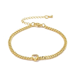 Clair Bracelet à maillons cœur en zircon cubique avec chaînes gourmettes, bijoux en laiton plaqué or pour femme, sans cadmium et sans plomb, clair, 7-1/4 pouce (18.5 cm)