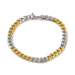 Golden & Stainless Steel Color Two Tone Vacuum Plating 201 Stainless Steel Curb Chain Bracelet with 304 Stainless Steel Clasps for Men Women, Golden & Stainless Steel Color, 7-7/8 inch(20cm), Link: 8x6x2mm