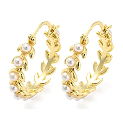 Real 18K Gold Plated Rack Plating Brass Leaf Wreath Hoop Earrings with Plastic Pearl Beaded, Lead Free & Cadmium Free, Real 18K Gold Plated, 29x6mm
