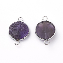 Amethyst Natural Amethyst Links connectors, with Platinum Tone Brass Cabochon Connector Settings, Flat Round with Tree, 23~24x15~16x5~6mm, Hole: 2.5mm