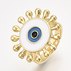White Adjustable Brass Finger Rings, with Enamel, Sun with Eye, White, Size 8, 18mm