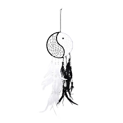 Noir Filet/toile tissé yin yang avec décoration de pendentif en plumes, avec des perles en bois  , pour la maison chambre voiture ornements cadeau d'anniversaire, noir, 630mm
