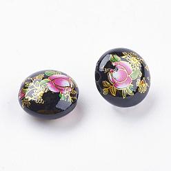 Noir Perles de résine imprimées de fleurs, plat rond, noir, 16.5x9mm, Trou: 2mm