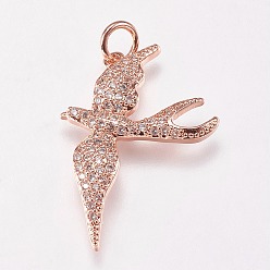 Rose Gold Brass Micro Pave Cubic Zirconia Bird Pendants, Swallow, Clear, Rose Gold, 25x18x2mm, Hole: 1mm
