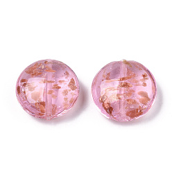Pearl Pink Handmade Gold Sand Lampwork Beads, Flat Round, Pearl Pink, 28.5x13mm, Hole: 1.8mm