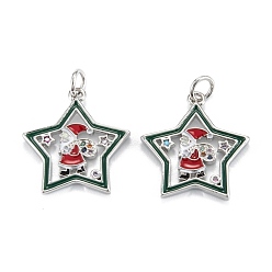 Real Platinum Plated Christmas Themed Brass Micro Pave Cubic Zirconia Pendants, with Enamel and Jump Ring, Long-Lasting Plated, Star with Santa Claus, Real Platinum Plated, 19.5x18x2mm, Jump Ring: 5x0.7mm, 3.6mm Inner Diameter