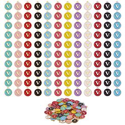 Letter V 120Pcs 12 Colors Golden Plated Alloy Charms, with Enamel, Enamelled Sequins, Flat Round with Letter, Letter.V, 14x12x2mm, Hole: 1.5mm, 10pcs/color