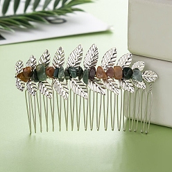 Indian Agate Leaf Natural Indian Agate Chips Hair Combs, with Iron Combs, Hair Accessories for Women Girls, 45x80x10mm