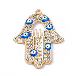 Blue Alloy Enamel Pendants, with Crystal Rhinestone, Hamsa Hand with Evil Eye, Light Gold, Light Gold, 39x31x2mm, Hole: 1.6mm