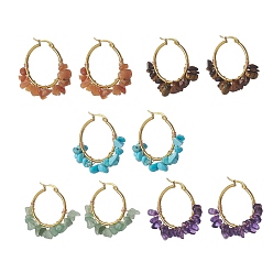 Mixed Stone Natural Gemstone Hoop Earrings, Golden Tone 304 Stainless Steel Earring for Women, 37~39x40~43x6~8mm, Pin: 0.9~1.3x0.7mm
