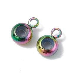 Rainbow Color Ion Plating(IP) 202 Stainless Steel Tube Bails, Loop Bails, with Rubber Inside, Rondelle, Bail Beads, Slider Stopper Beads, with 304 Stainless Steel Loop Rings, Rainbow Color, 8.7x5.7x3.3mm, Hole: 1.8mm and 2mm