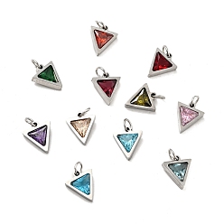 Mixed Color 304 Stainless Steel Pendants, with Cubic Zirconia and Jump Rings, Single Stone Charms, Triangle, Stainless Steel Color, Mixed Color, 11x9.5x3mm, Hole: 3.6mm