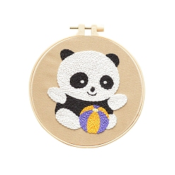 Panda Kit de bricolage pour débutants, décoration d'exposition sur le thème des animaux, poinçon de broderie, y compris un stylo perforateur, aiguilles et fils, tissu en coton, enfileur, cercle à broder en plastique, feuille d'instruction, panda, 155x155mm