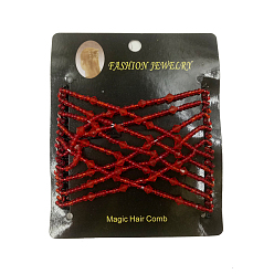 Red Iron Hair Bun Makers, Stretch Double Hair Combs, with Glass seed beads, Red, 90x80mm