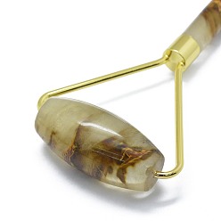 Piel De Tigre Vidrio Masajeador facial sintético de latón con vidrio de piel de tigre, rodillos faciales, dorado, 140.5x62.5x25 mm