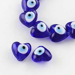 Bleu Cardiaques mauvais œil brins de perles au chalumeau, bleu, 13~15x15x9mm, Trou: 2mm, Environ 24 pcs/chapelet, 11.4 pouce