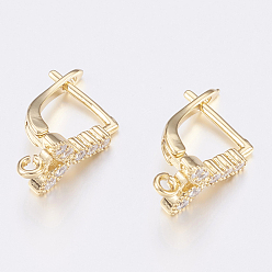 Golden Brass Micro Pave Cubic Zirconia Hoop Earring Findings with Latch Back Closure, Flower, Clear, Golden, 20x9x13mm, Hole: 1.5mm, Pin: 1.2mm