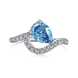Deep Sky Blue Real Platinum Plated Rhodium Plated 925 Sterling Silver Birthstone Rings, Cubic Zirconia Teardrop Finger Ring, Deep Sky Blue, 1.8mm,US Size 7(17.3mm)