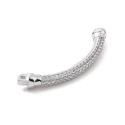 Platinum Eco-friendly Rack Plating Brass Micro Pave Clear Cubic Zirconia Connector Charms, Cadmium Free & Lead Free, Long-Lasting Plated, Curved Tube Links, Platinum, 36.5x11.5x5mm, Hole: 0.7mm and 1.2mm